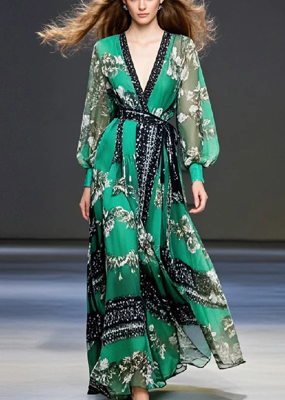 shift dressElegant Peacock Green Cinched Print Chiffon Maxi Dresses Spring