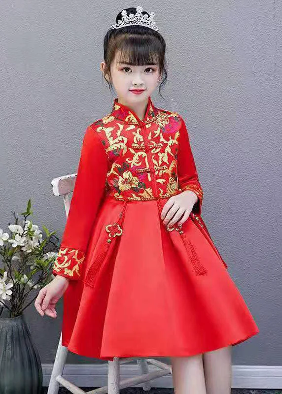 floral wrap dressChic Red Embroideried Tassel Button Kids Girls Mid Dresses Fall