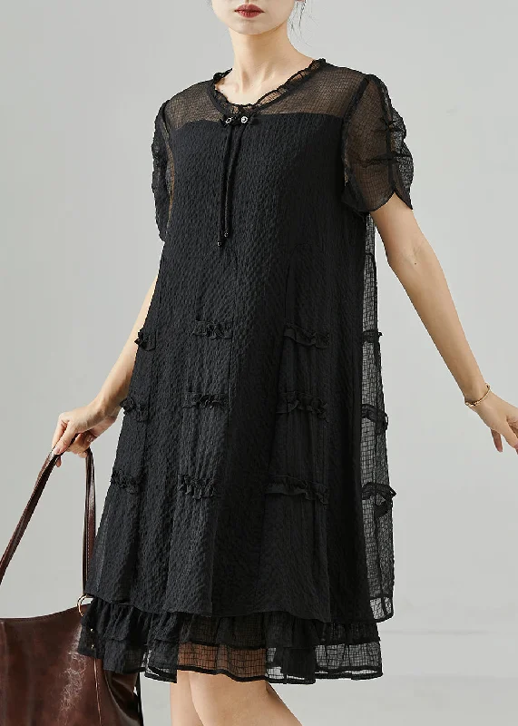 chic shift dressClassy Black Tasseled Ruffled Silk Mid Dress Summer