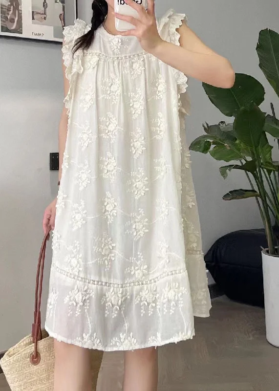 long-sleeve floral dressCute Beige O-Neck Embroidered Floral Silk Cotton Mid Dress Summer