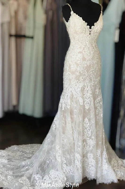 Deal Mania cocktail party dressSpaghetti Straps High Quality French Lace Bohemian Wedding Dress