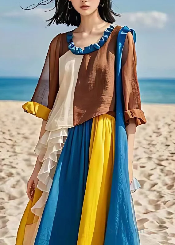 Super Bargain backless dressHandmade Colorblock Ruffled Chiffon Patchwork Maxi Dress Summer