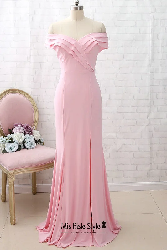 Price Blitz playful dressFit and Flare Off Shoulder Sleeve Pink Prom Dress