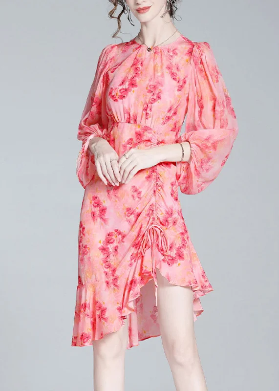 Discount Deals casual slip dressElegant Pink O-Neck Print Tunic Slim Vacation Long Dresses Lantern Sleeve