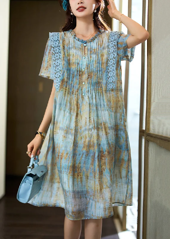 Referral Discount knit dressSky Blue Lace Patchwork Chiffon Dress Wrinkled Summer