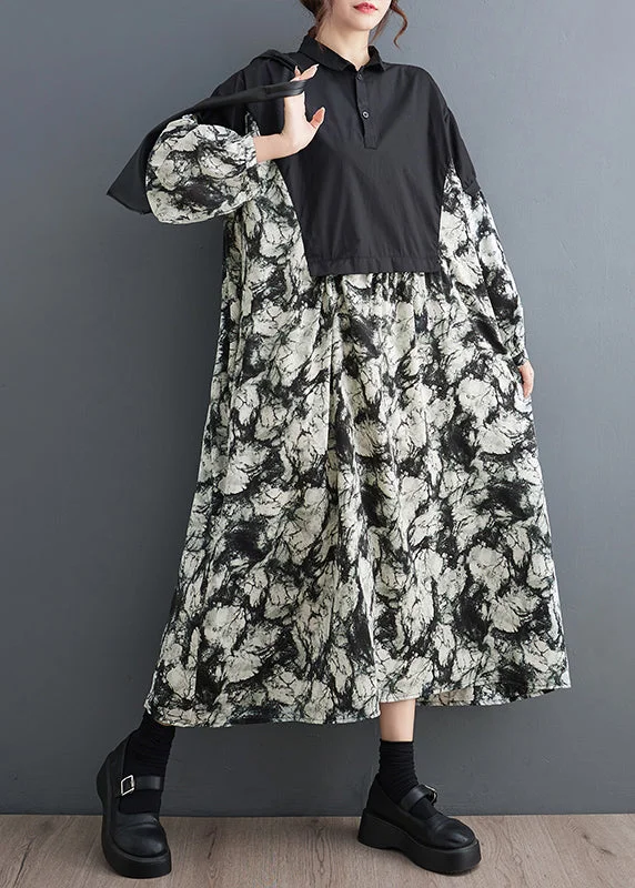 Discount Mania off-the-shoulder dressOrganic Black Oversized Patchwork Cotton Maxi Dresses Fall
