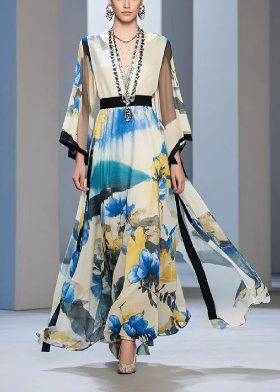 Exclusive Access v-neck dressBoho Cinched Print Exra Large Hem Chiffon Long Dress Fall