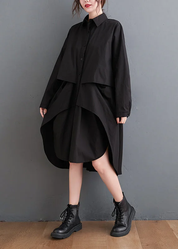 minimalistic dressNew Black Peter Pan Collar Button Patchwork Cotton Shirts Mid Dress Fall