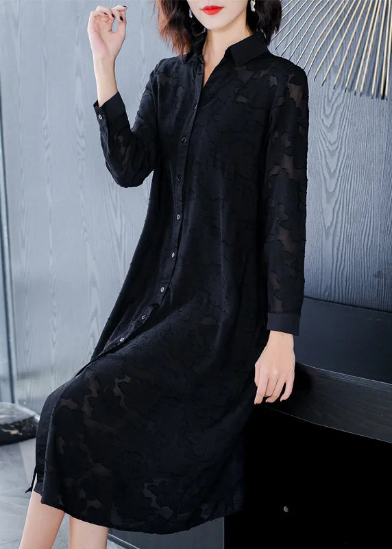 New Deals long sleeve dressJacquard Black Peter Pan Collar Button Long Dress Long Sleeve New Deals long sleeve dressJacquard Black Peter Pan Collar Button Long Dress Long Sleeve