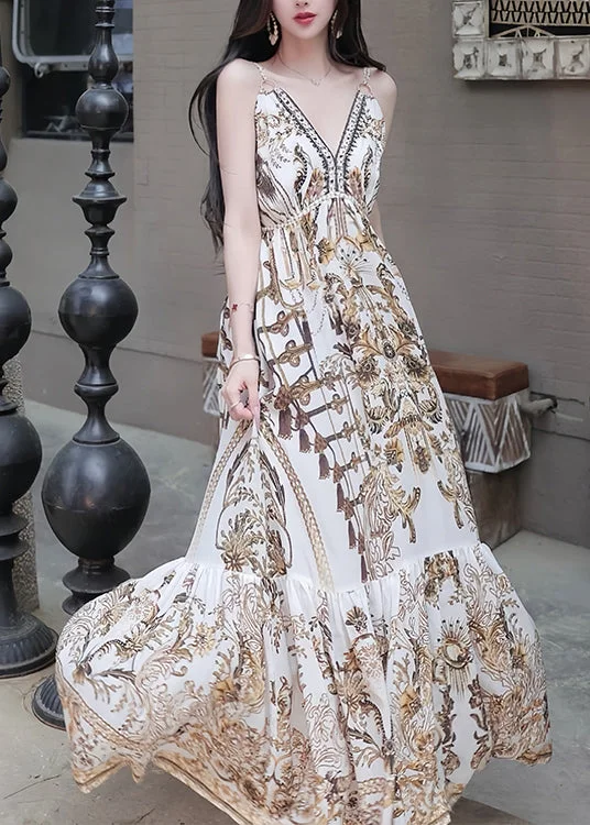 Factory Direct Sale long-sleeve floral dressSexy V Neck Print High Waist Spaghetti Strap Dress Sleeveless