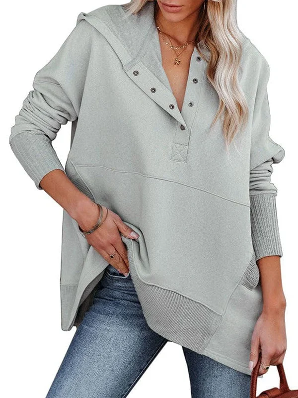 Final Clearance Loose Fit V-Neck Hooded Batwing Sweatshirt With Patchwork Buttons