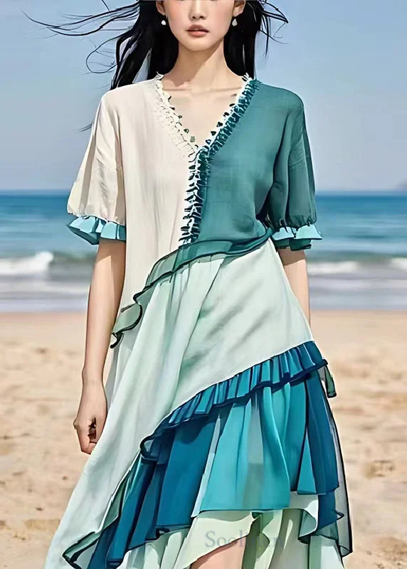 Epic Deals shift dressItalian Blue Asymmetrical Patchwork Ruffles Linen Dresses Summer Epic Deals shift dressItalian Blue Asymmetrical Patchwork Ruffles Linen Dresses Summer