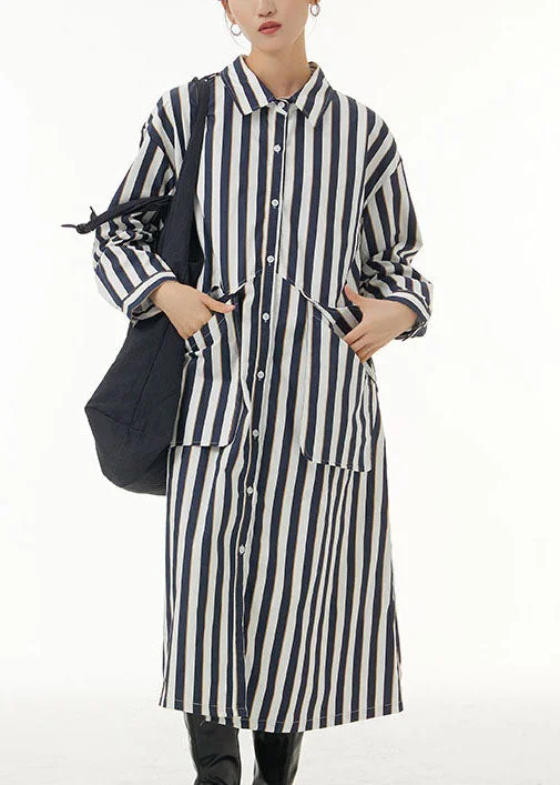 Final Clearance elegant dressUnique White Peter Pan Collar Striped Pockets Patchwork Cotton Shirts Dress Spring