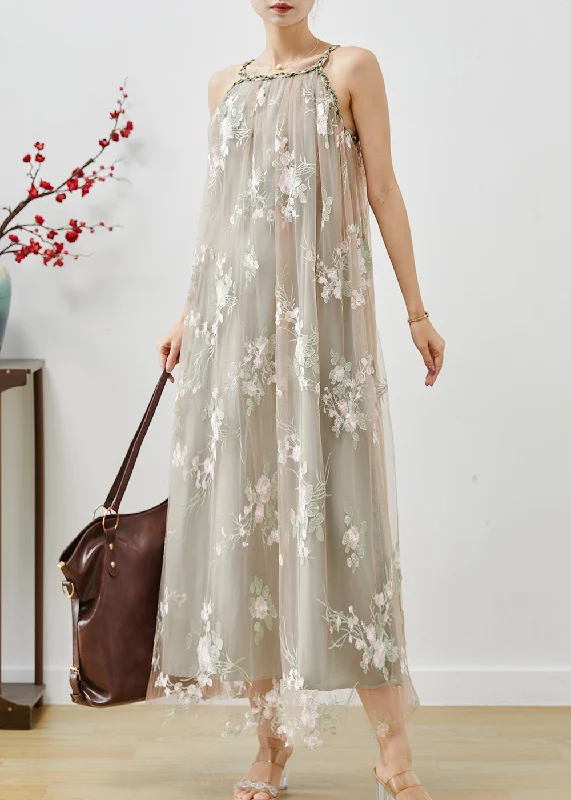Price Slash trendy dressStylish Grey Embroidered Tulle Sundress Summer