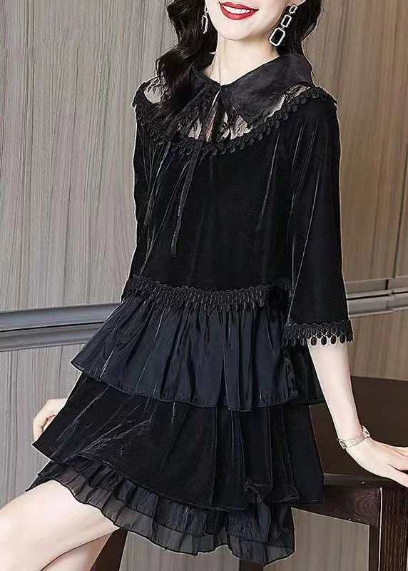 vintage dressWomen Black Ruffled Tasseled Patchwork Velour Mid Dress Fall