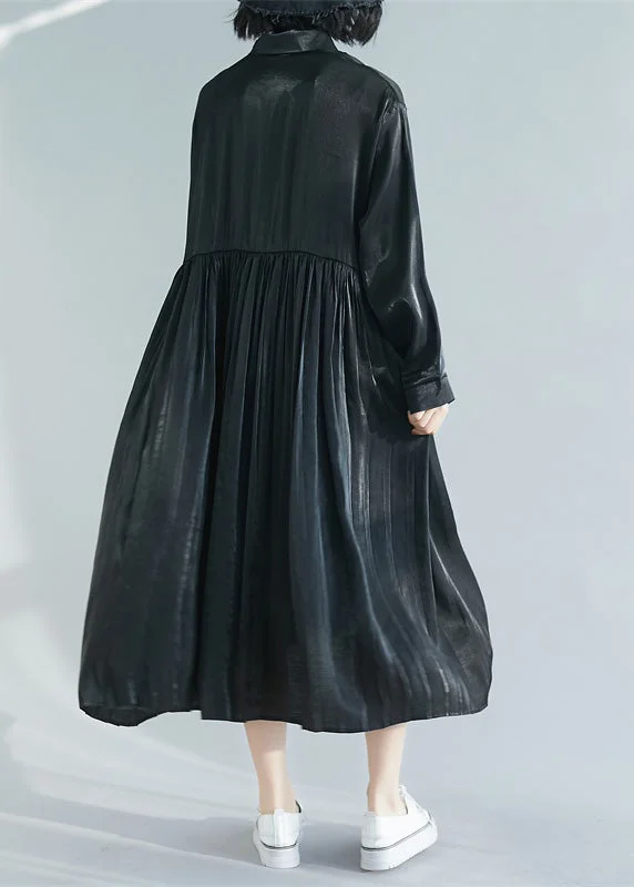 Special Price fitted cocktail dressItalian Black Peter Pan Collar Patchwork Button Silk Maxi Shirts Dresses Spring