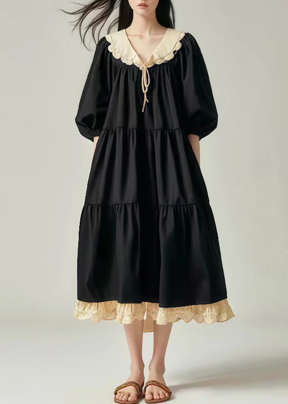 Bargain Blast casual knit dressCasual Black Oversized Patchwork Cotton Vacation Dresses Lantern Sleeve