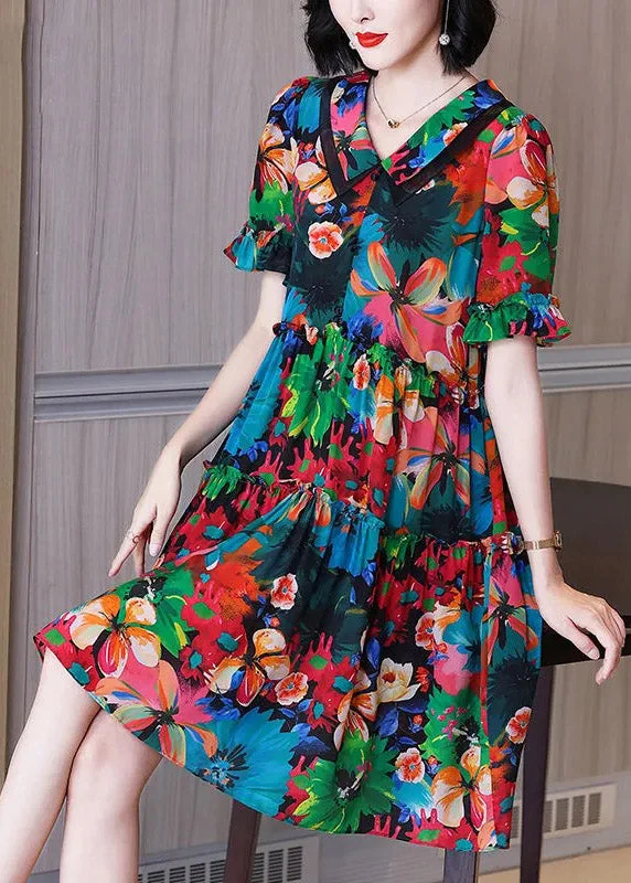 wrap dressChic Peter Pan Collar Print Pockets Wrinkled Silk Mid Dresses Short Sleeve