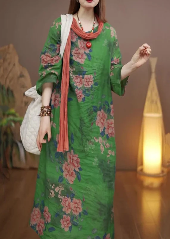 Stock Clearance boho-chic dressVintage Green O-Neck Print Long Dress Fall