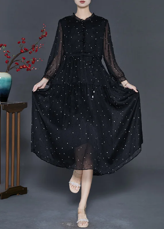 Price Drop elegant evening dressChic Black Tie Waist Dot Chiffon Long Dress Fall
