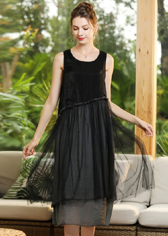 satin dressElegant Black O-Neck Patchwork Tulle Long Dresses Sleeveless