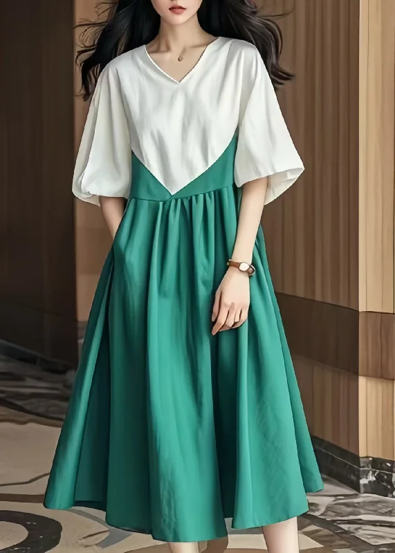 Year-End Clearance shift dressBoho Colorblock V Neck Patchwork Cotton Robe Dresses Lantern Sleeve