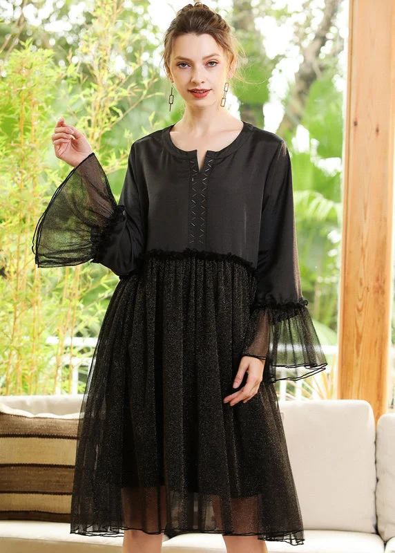 structured dressFine Black Ruffled Patchwork Golden Sequins Chiffon Dress Flare Sleeve