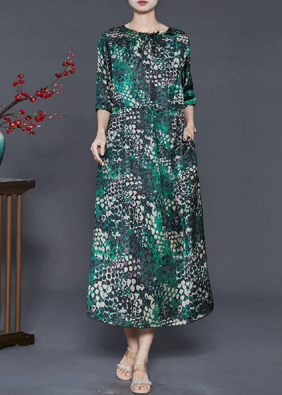 Price Blitz sophisticated dressBeautiful Green Print Tie Waist Silk Dress Summer