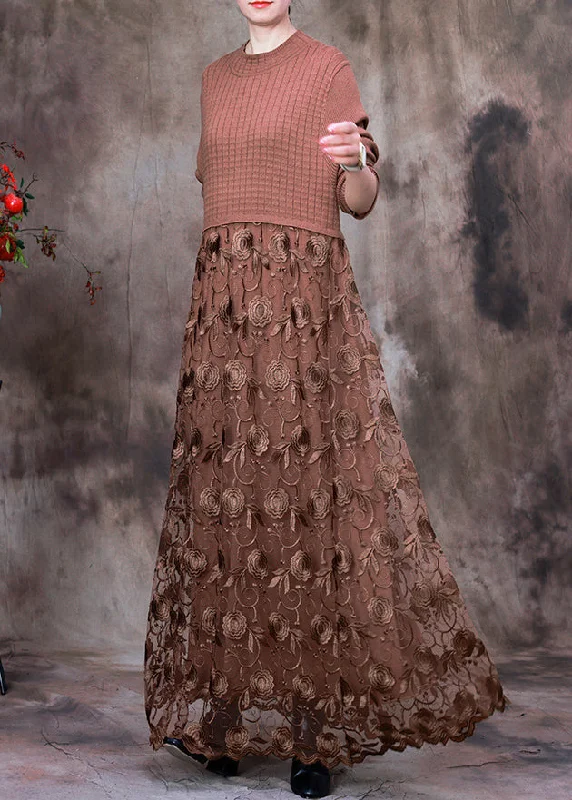 Final Sale elegant shift dressFrench Chocolate O-Neck Embroideried Lace Patchwork Knit Maxi Dress Long Sleeve Final Sale elegant shift dressFrench Chocolate O-Neck Embroideried Lace Patchwork Knit Maxi Dress Long Sleeve