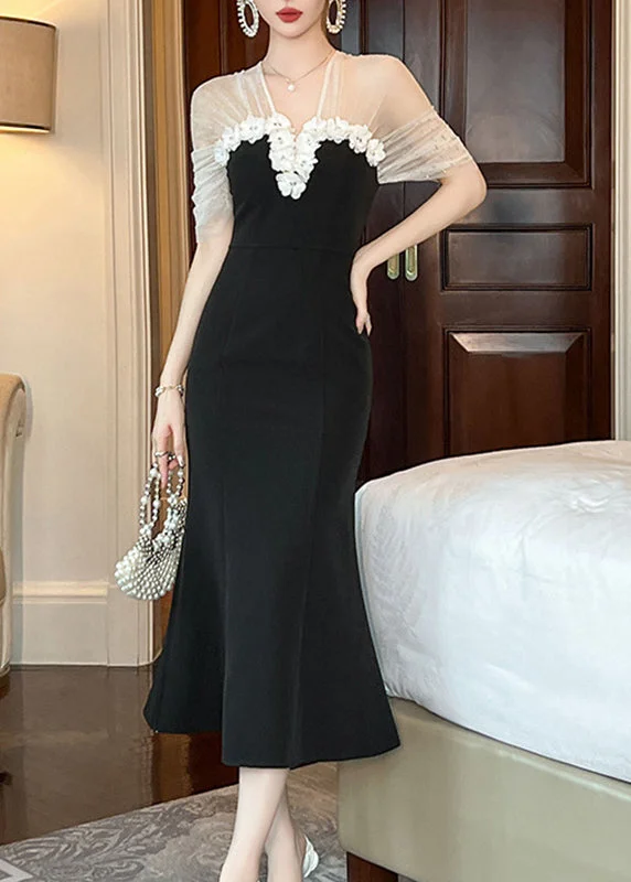 Low Prices minimalistic dressFashion Black V Neck Tulle Patchwork Floral Maxi Dresses Summer