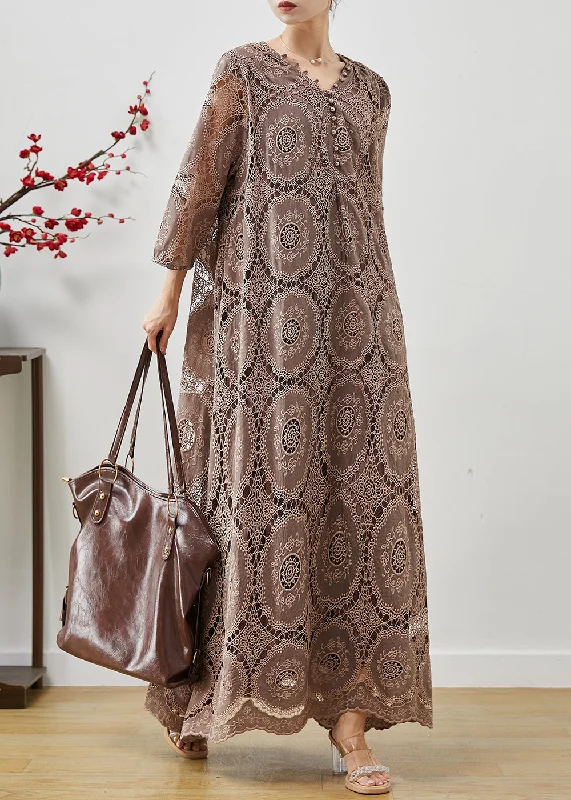 Special Savings trendy wrap dressBoutique Brown Oversized Hollow Out Lace Maxi Dresses Summer Special Savings trendy wrap dressBoutique Brown Oversized Hollow Out Lace Maxi Dresses Summer