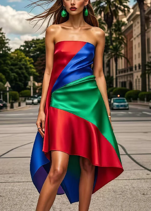 party-ready dressBeautiful Multicolor Asymmetrical Patchwork Silk Strapless Dress Summer