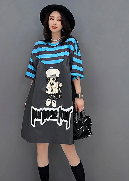 textured dressStyle Dark Grey O-Neck Cartoon Print Striped Patchwork Dresses Short Sleeve