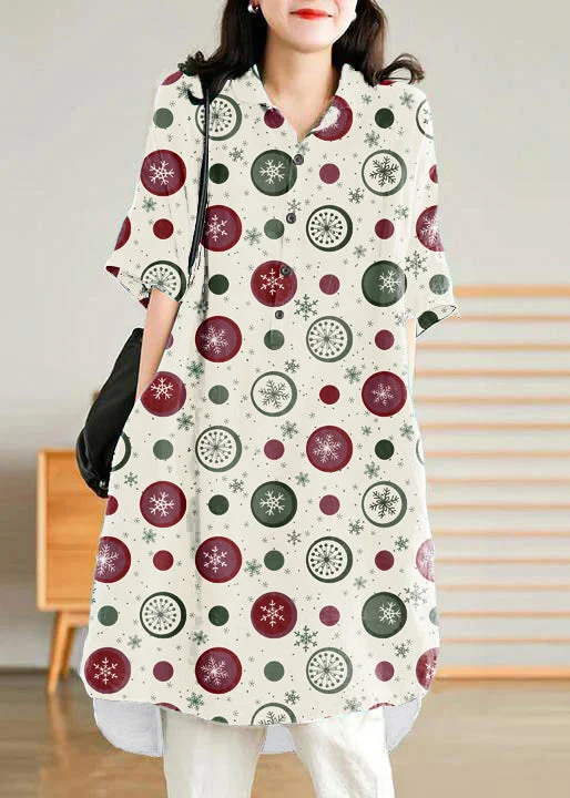 ashionable dressJade white-snowflake Linen Women Casual Linen Shirt Dress