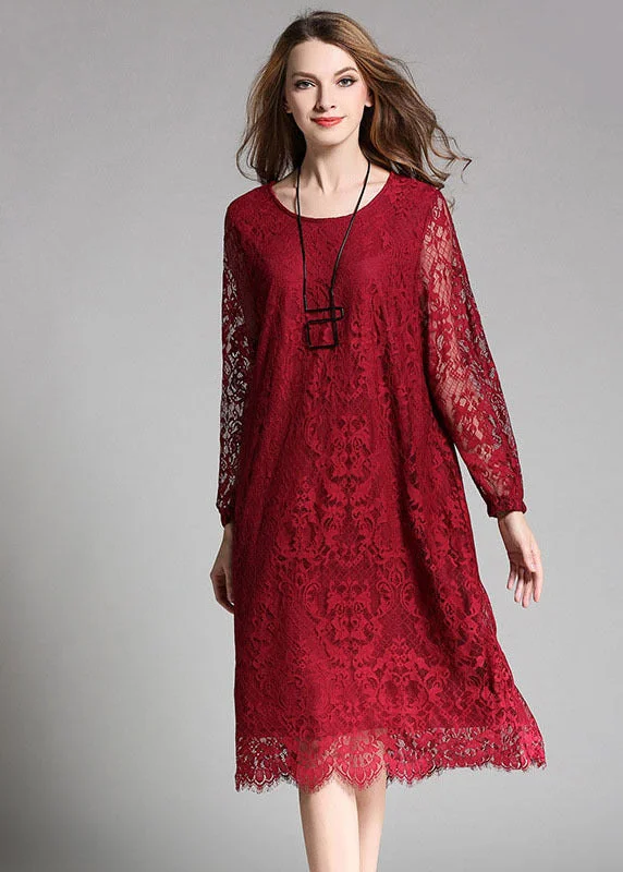 Buy More, Save More relaxed fit dressUnique Red O-Neck Hollow Out Lace Long Dress Long Sleeve Buy More, Save More relaxed fit dressUnique Red O-Neck Hollow Out Lace Long Dress Long Sleeve