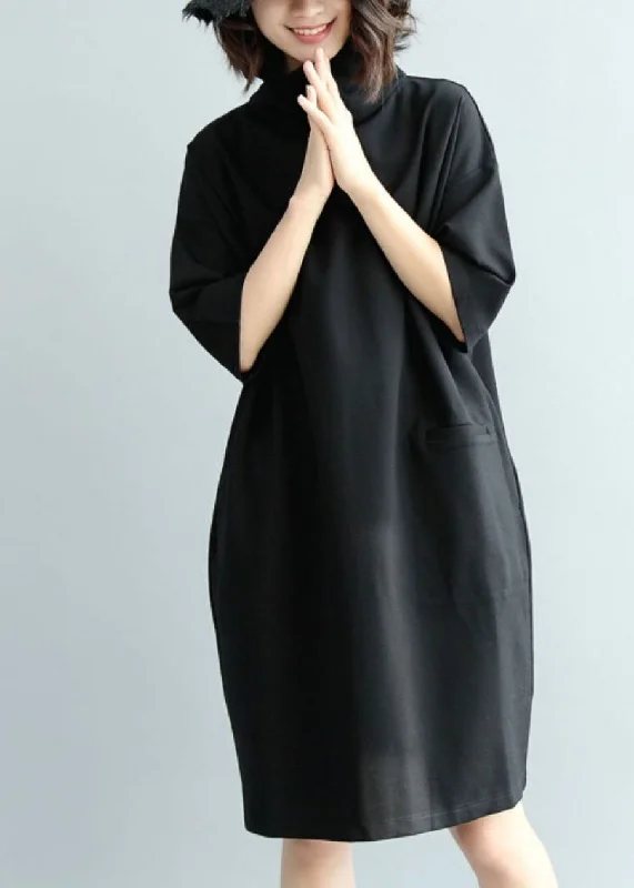 denim dressSolid Black Cotton Dress High Neck Half Sleeve