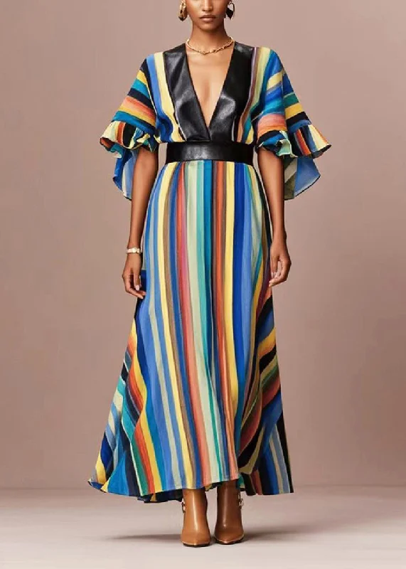 Deep Discounts form-fitting dressElegant Rainbow Striped Cotton Cinched Dress Flare Sleeve Deep Discounts form-fitting dressElegant Rainbow Striped Cotton Cinched Dress Flare Sleeve