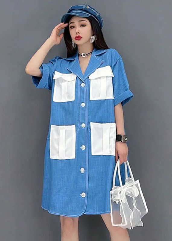 romantic dressArt Denim Blue Peter Pan Collar Patchwork Pockets Cotton Holiday Dress Short Sleeve