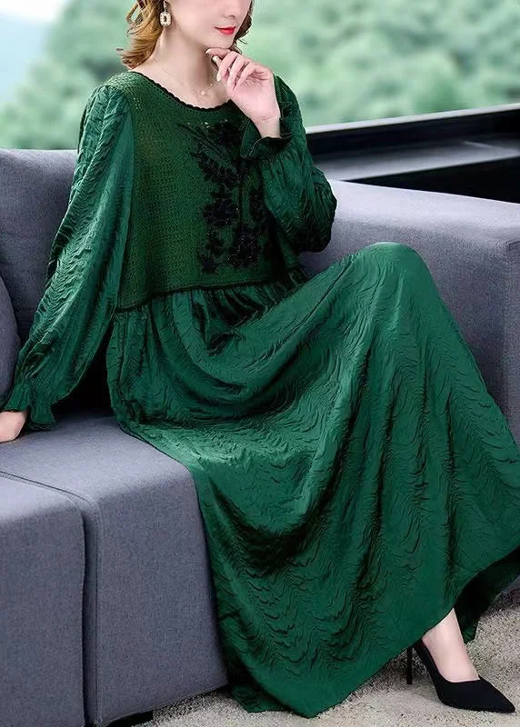 Time-Limited Offer floral wrap dressItalian Green Hollow Out Knit Patchwork Silk Long Dresses Fall