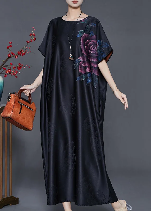 Bargain Bin chic wrap dressElegant Black Oversized Floral Jacquard Silk Dresses Summer