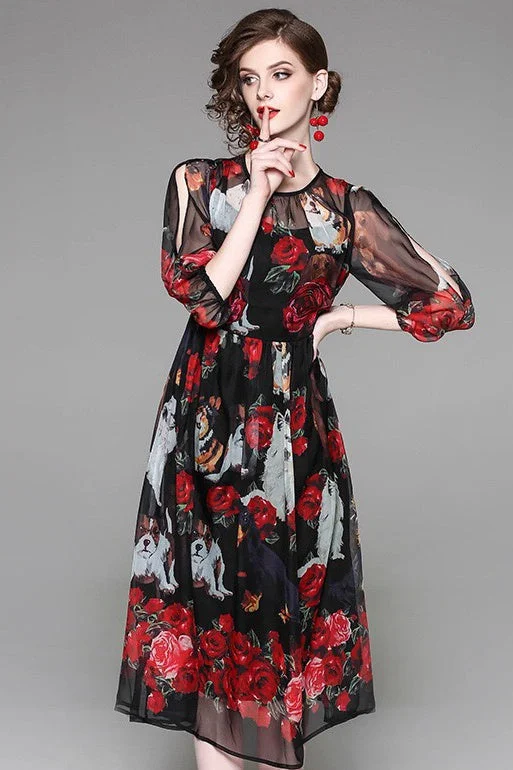 classic fit-and-flare dressDog and Flower Print Organza Dress