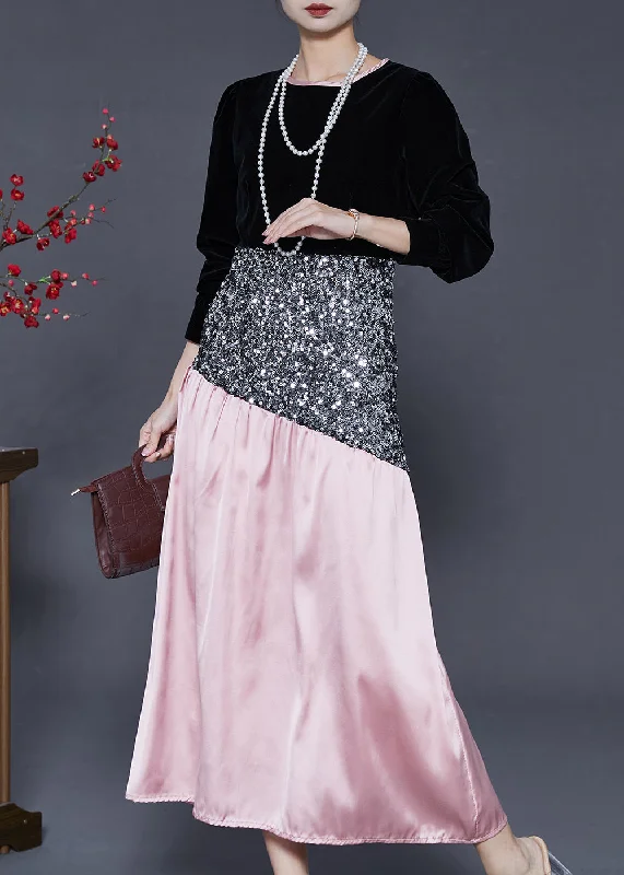 Special Price draped dressBoutique Black Sequins Patchwork Silk Vestidos Dresses Spring Special Price draped dressBoutique Black Sequins Patchwork Silk Vestidos Dresses Spring