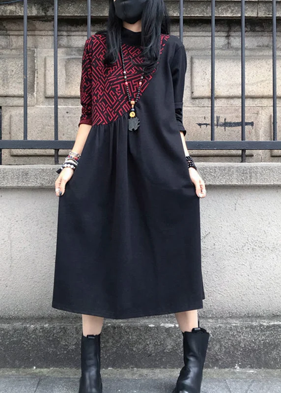 Price Break printed dressRed O-Neck Print Wrinkled Cotton Maxi Dresses Long Sleeve