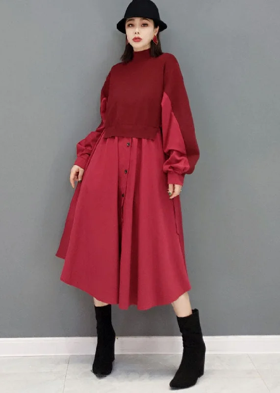 Today’s Deal ashionable dressRed Patchwork Knit Cotton Long Dresses Solid Color Button Long Sleeve