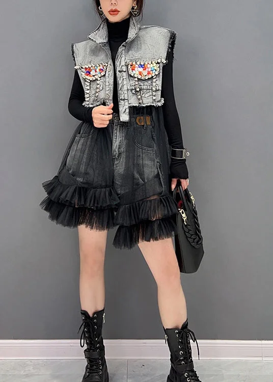 wool dressArt Black Stand Collar Tulle Patchwork Denim Mid Dress Long Sleeve