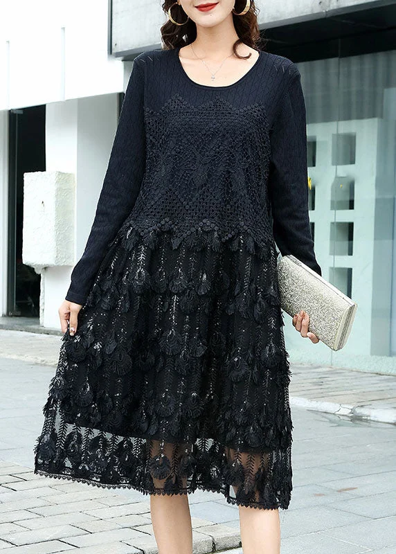 Low Prices sleeveless dressBlack Hollow Out Lace Patchwork Knit Dress O Neck Spring