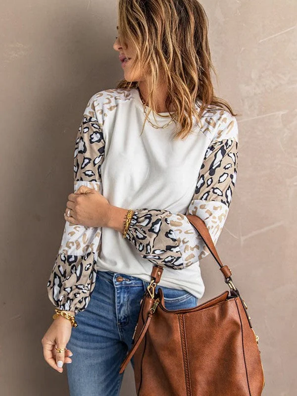 Great Bargains Lantern Sleeve Leopard Print Pullover Sweatshirt - Women'S Round Neck Top