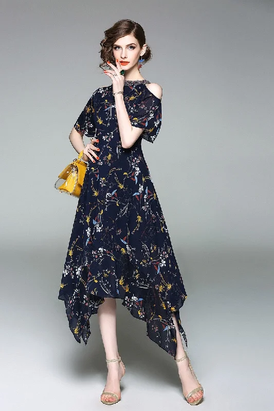 party dressCold Shoulder Floral Dress W/ Beads