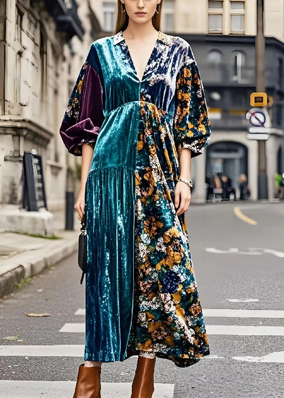 trendy wrap dressPlus Size Colorblock V Neck Patchwork Silk Velvet Maxi Dresses Spring