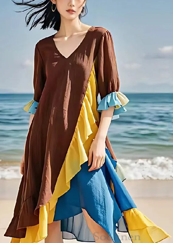 Shop and Save summer floral dressNew Brown V Neck Chiffon Patchwork Dress Flare Sleeve Shop and Save summer floral dressNew Brown V Neck Chiffon Patchwork Dress Flare Sleeve